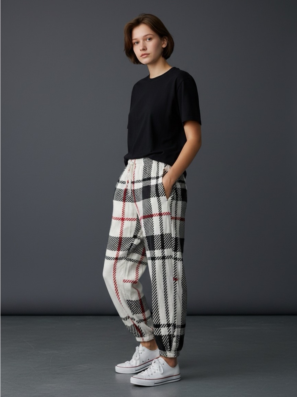 Colsie Black, White & Red Plaid Jogger Pants